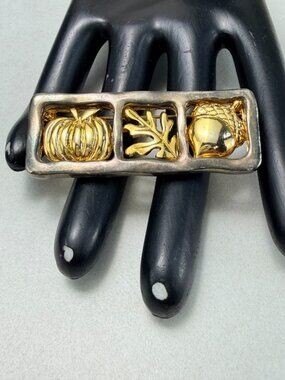 Vintage Fall Theme Pumpkin Leaf Acorn Two Tone Brooch Gold Silver